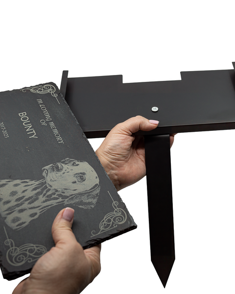 12x6 Pet Memorial Stone Dog or Cat Grave Marker Outdoor/Indoor Slate Headstone Personalized Memorial Plaque with Photo, Icon or Breed Image Felt-Backed or Weather-Sealed Sympathy Gift