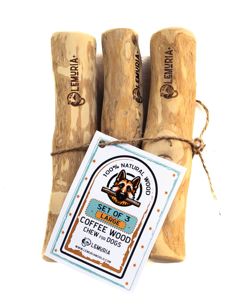 SET OF 3 COFFEE WOOD DOG CHEWS NATURAL WOODEN BONES FOR DOGS
