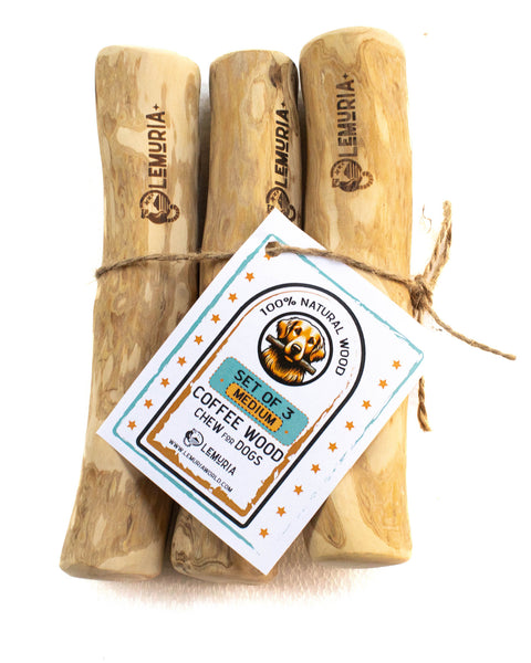 SET OF 3 COFFEE WOOD DOG CHEWS NATURAL WOODEN BONES FOR DOGS