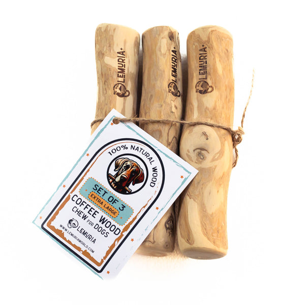 SET OF 3 COFFEE WOOD DOG CHEWS NATURAL WOODEN BONES FOR DOGS