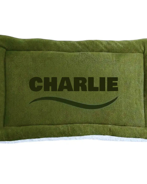 Personalized Green Double-Sided Dog & Cat Mat Bed - Custom Engraved Fleece & Sherpa Pet Bed, Washable Handmade Blanket
