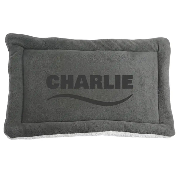 Personalized Gray Double-Sided Dog & Cat Mat Bed - Custom Engraved Fleece & Sherpa Pet Bed, Washable Handmade Blanket