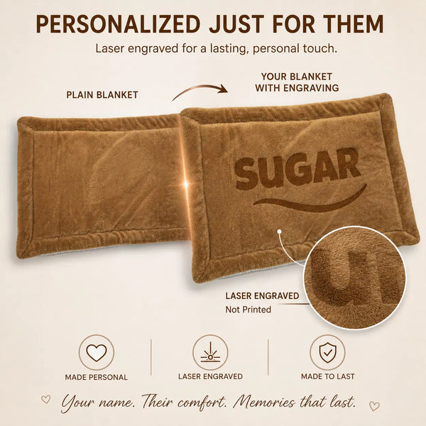 Personalized Pet Blanket Mat 24x15 - Engraved Name & Icon, Double-Sided Fleece & Sherpa, Dog & Cat
