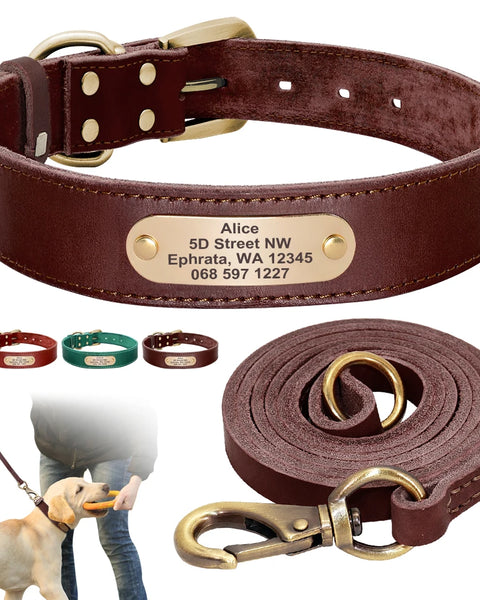 Real Leather Dog Collar Leash Set Personalized Genuine Leather Dog Pet Collars Leashes Custom for Small Medium Large Dog