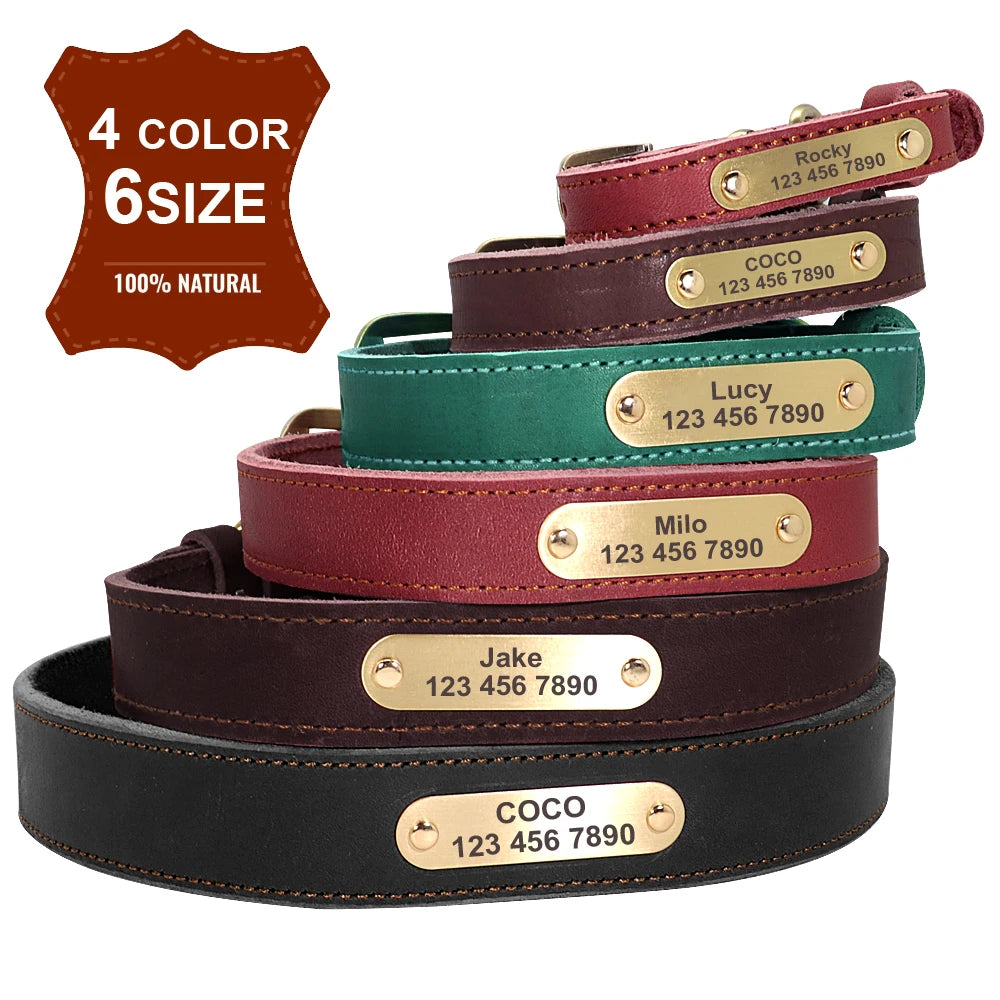 Real Leather Dog Collar Leash Set Personalized Genuine Leather Dog Pet Collars Leashes Custom for Small Medium Large Dog