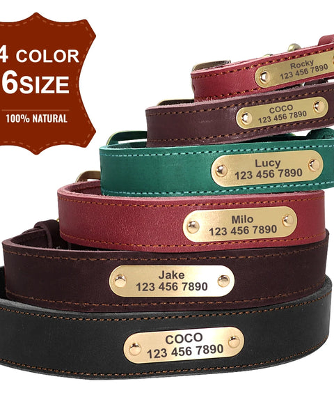 Real Leather Dog Collar Leash Set Personalized Genuine Leather Dog Pet Collars Leashes Custom for Small Medium Large Dog