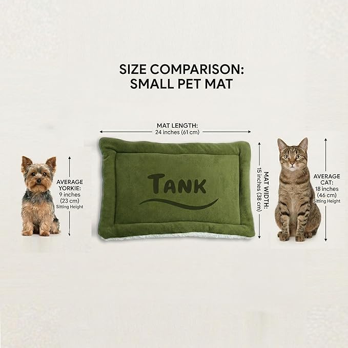 Green pet mat with 'TANK' branding, size comparison with small pets on a white background