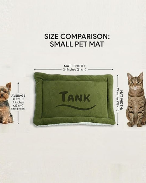 Green pet mat with 'TANK' branding, size comparison with small pets on a white background