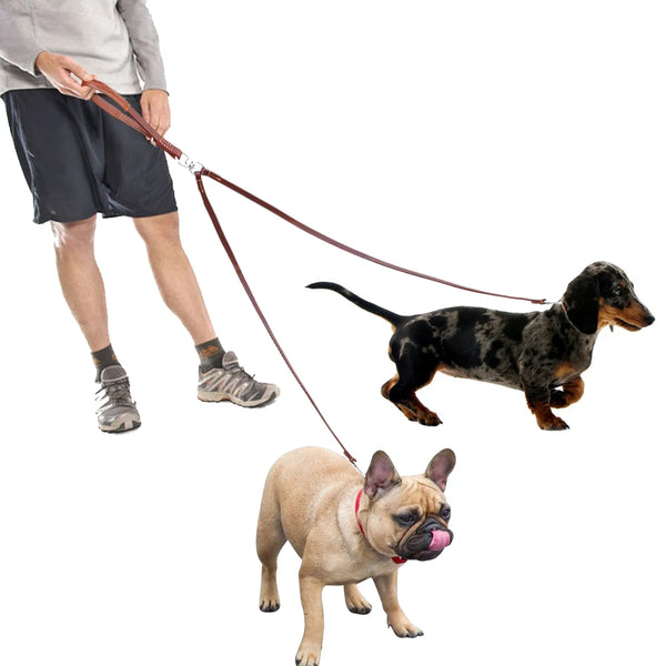 Two Dog Leash of Real Leather with Soft Handle