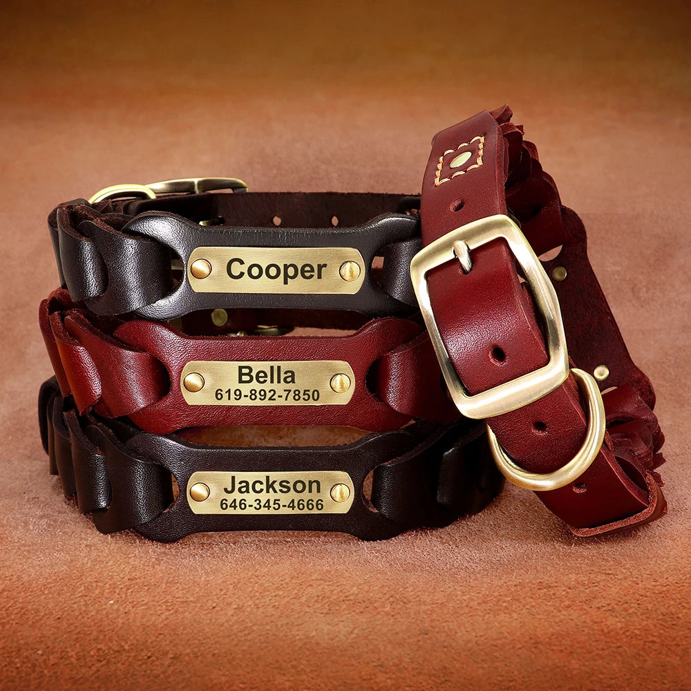 Genuine Leather Dog Collar With Name Plate for Large Dogs