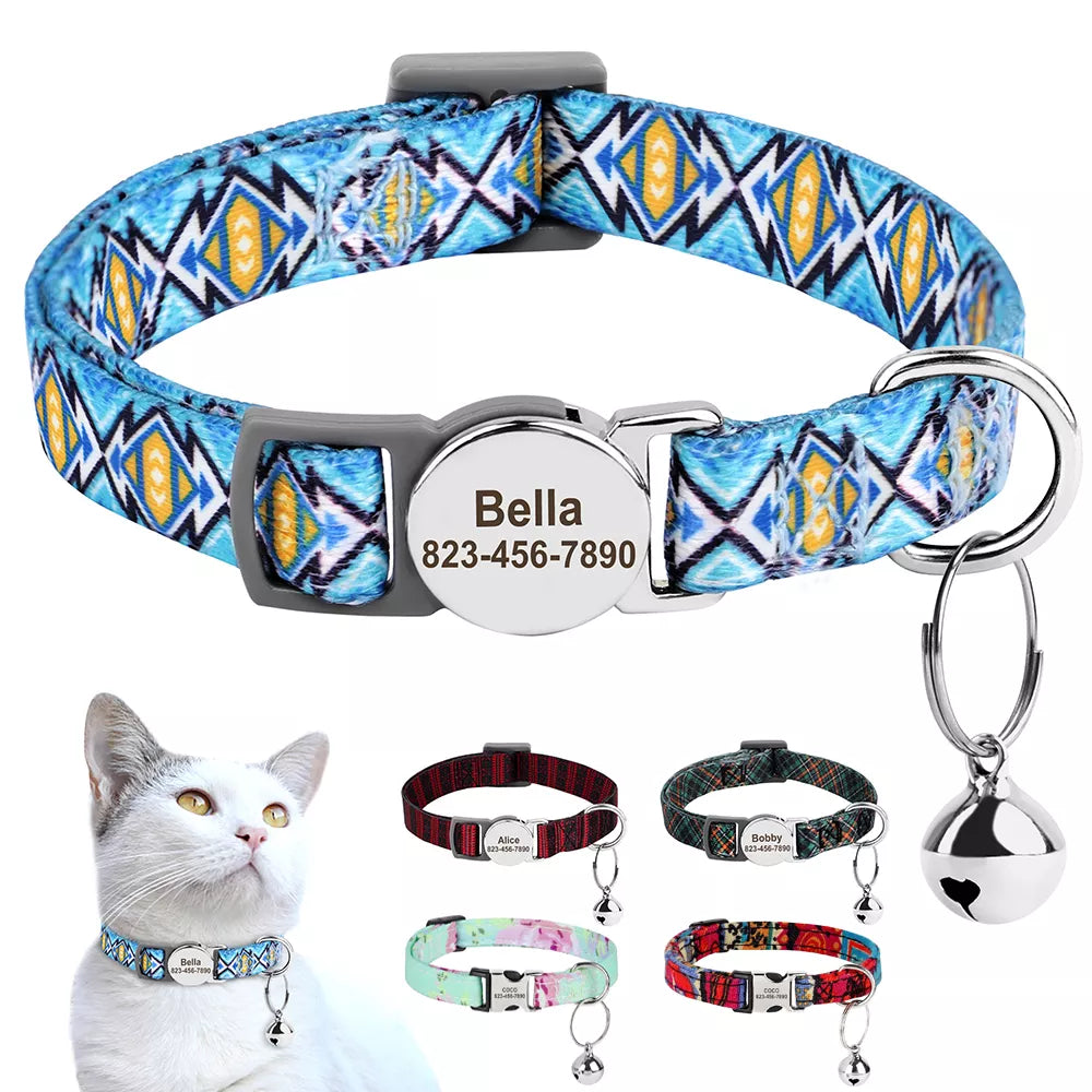 Personalized Colorful Cat Collar With Engraved Name.