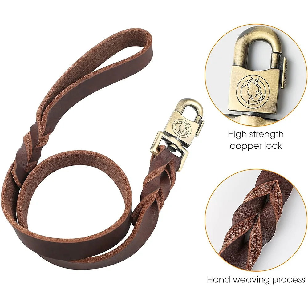 Genuine Leather Dog Leash 3/4/5 ft x 1 inch for Large and Medium Dogs