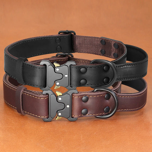 Soft Real Leather Dog Collar with Buckle and Handle for Medium and Large Dogs