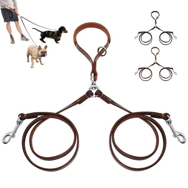 Two Dog Leash of Real Leather with Soft Handle