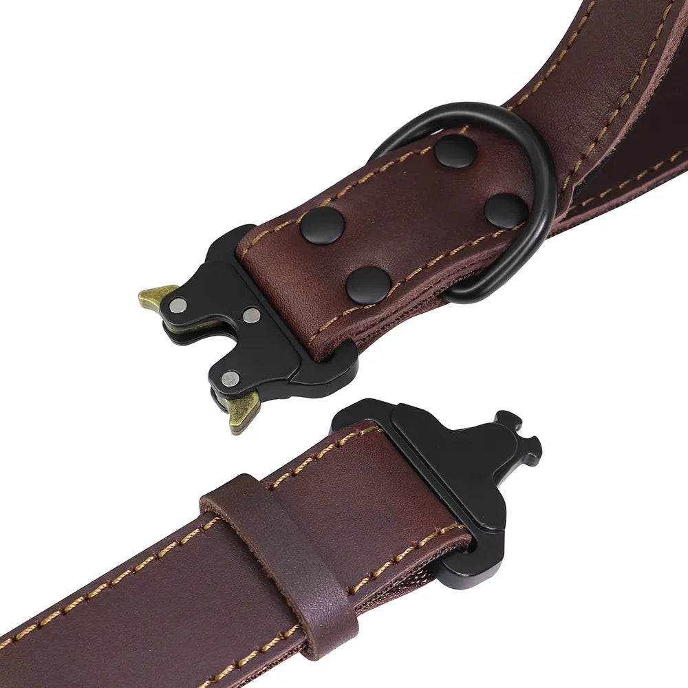 Soft Real Leather Dog Collar with Buckle and Handle for Medium and Large Dogs