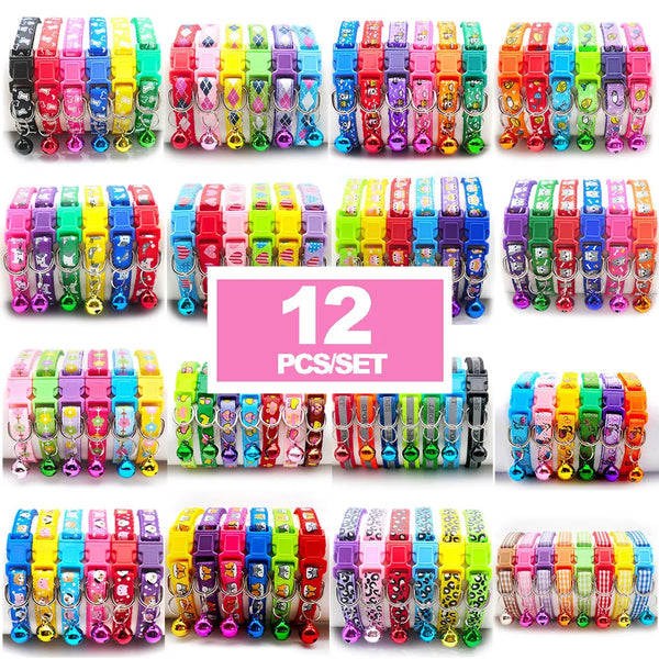 Bulk Colorful Adjustable Cat Collars with Bells 12 Pcs