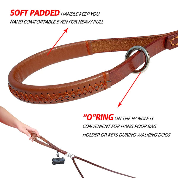 Two Dog Leash of Real Leather with Soft Handle