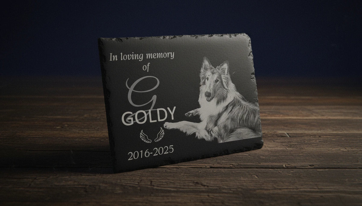 Personalized Pet Memorial Stone with Photo — 8×6 inch Slate Dog & Cat Grave Marker, Custom Engraved Indoor/Outdoor Headstone