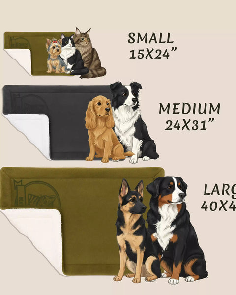 Illustrations of dogs and cats on different size mats with dimensions shown.