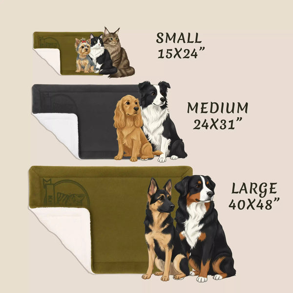 Illustrations of dogs and cats on different size mats with dimensions shown.