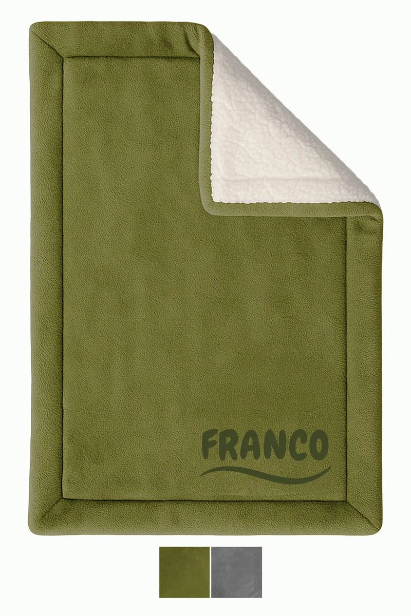 Personalized Green Pet Blanket Mat 31x24 - Engraved Pet Name, Double-Sided Fleece & Sherpa, Dog & Cat