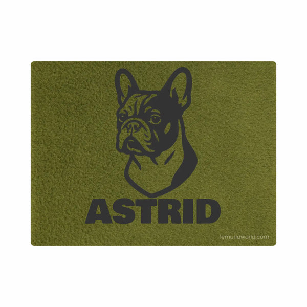 Personalized Green Pet Blanket Mat 48x38 - Engraved Name & Breed Art, Double-Sided Fleece & Sherpa, Dog & Cat