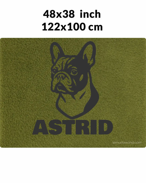 Personalized Green Pet Blanket Mat 48x38 - Engraved Name & Breed Art, Double-Sided Fleece & Sherpa, Dog & Cat