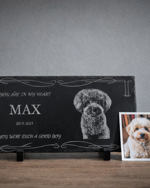 Personalized Pet Memorial Stone with Photo — 8×6 inch Slate Dog & Cat Grave Marker, Custom Engraved Indoor/Outdoor Headstone
