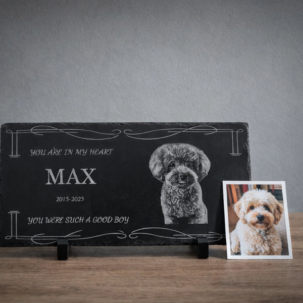 Personalized Pet Memorial Stone with Photo — 4 x4 Slate Dog & Cat Grave Marker, Custom Engraved Indoor/Outdoor Headstone