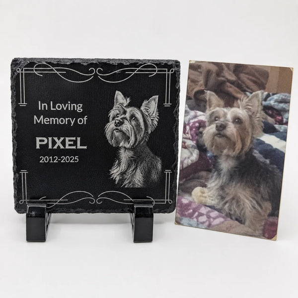 Personalized Pet Memorial Stone with Photo — 4 x4 Slate Dog & Cat Grave Marker, Custom Engraved Indoor/Outdoor Headstone