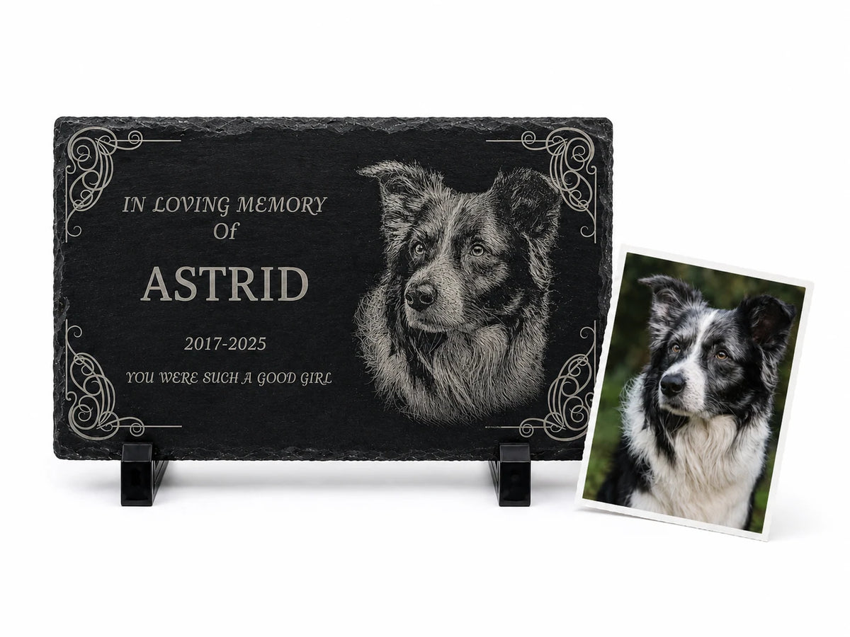 Personalized Pet Memorial Stone with Photo — 8×6 inch Slate Dog & Cat Grave Marker, Custom Engraved Indoor/Outdoor Headstone
