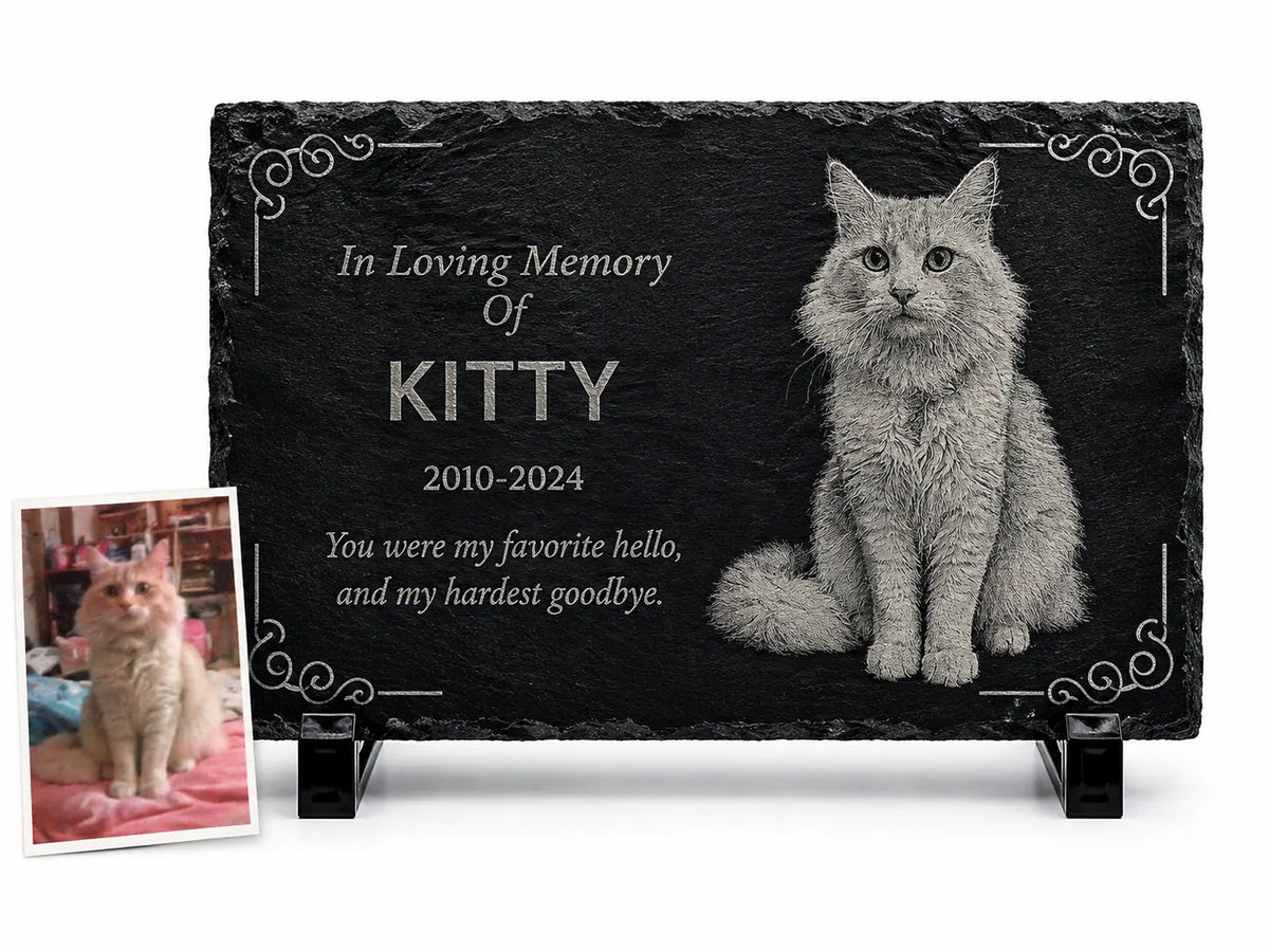 Personalized Pet Memorial Stone with Photo — 8×6 inch Slate Dog & Cat Grave Marker, Custom Engraved Indoor/Outdoor Headstone